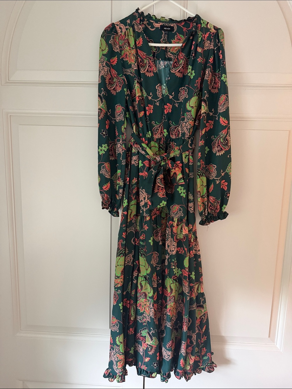 ME+EM Green Paisley Print Tie-Waist Long Sleeve Midi Dress